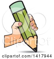 Clipart Of A Hand Writing With A Big Green Pencil Royalty Free Vector Illustration by Lal Perera