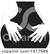 Clipart Of White Silhouetted Masseuse Hands Over A Black Back Royalty Free Vector Illustration