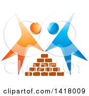 Poster, Art Print Of Blue And Orange People Building A Brick House