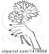 Poster, Art Print Of Black And White Womans Hand Holding Flowers