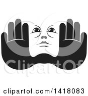 Clipart Of A Black And White Face Framed With Hands Royalty Free Vector Illustration
