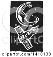 Clipart Of A Black And White Woodcut Crescent Moon And Stars With A Russian Space Capsule Royalty Free Vector Illustration