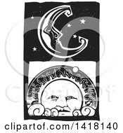 Black And White Woodcut Crescent Moon And Stars Over The Sun