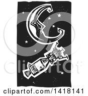 Clipart Of A Black And White Woodcut Crescent Moon And Stars With An American Space Capsule Royalty Free Vector Illustration