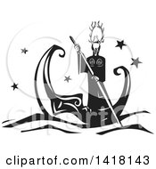 Black And White Woodcut Horned Pagan God Rowing A Crescent Moon Boat