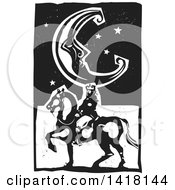 Poster, Art Print Of Black And White Woodcut Crescent Moon And Stars Over A Horseback King