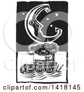 Clipart Of A Black And White Woodcut Crescent Moon And Stars Over A River Boat Royalty Free Vector Illustration