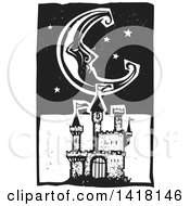 Clipart Of A Black And White Woodcut Crescent Moon And Stars Over A Castle Royalty Free Vector Illustration