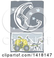 Woodcut Crescent Moon And Stars Over A Pumpkin Carriage