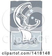 Poster, Art Print Of Woodcut Crescent Moon And Stars Over A Greek Galley Ship
