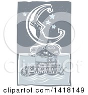 Clipart Of A Woodcut Crescent Moon And Stars Over A River Boat Royalty Free Vector Illustration