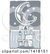 Poster, Art Print Of Woodcut Crescent Moon And Stars Over A Castle