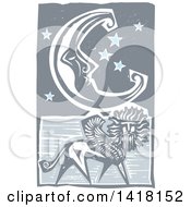 Clipart Of A Woodcut Crescent Moon And Stars Over A Winged Lion Or Griffin Royalty Free Vector Illustration
