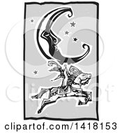 Poster, Art Print Of Grayscale Woodcut Crescent Moon And Stars Over A Woman Standing On A Leaping Horse In A Circus Act