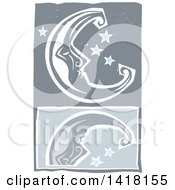 Poster, Art Print Of Woodcut Crescent Moon And Stars With A Reflection