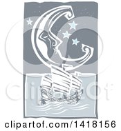Clipart Of A Woodcut Crescent Moon And Stars Over A Chinese Junk Ship At Sea Royalty Free Vector Illustration