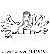 Poster, Art Print Of Black And White Scared Man Holding Out His Hands And Screaming