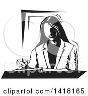 Poster, Art Print Of Black And White Woodcut Business Woman Writing