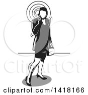 Poster, Art Print Of Black And White Woodcut Business Woman Talking On A Cell Phone
