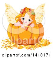 Poster, Art Print Of Cute Red Haired Fairy Girl Holding A Wand Inside A Halloween Thanksgiving Or Autumn Pumpkin