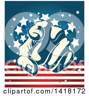 Clipart Of A Blue And Pastel Yellow Hand Pointing Outwards Over An American Themed Background Royalty Free Vector Illustration