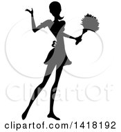 Clipart Of A Black Silhouetted Female Maid With Her Hair In A Pony Tail Presenting And Holding A Feather Duster Royalty Free Vector Illustration by Pams Clipart