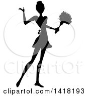 Clipart Of A Black Silhouetted Female Maid With Her Hair In A Bun Presenting And Holding A Feather Duster Royalty Free Vector Illustration by Pams Clipart