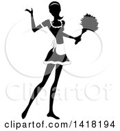 Black And White Silhouetted Female Maid With Her Hair In A Pony Tail Presenting And Holding A Feather Duster