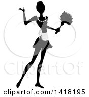 Clipart Of A Black And White Silhouetted Female Maid With Her Hair In A Bun Presenting And Holding A Feather Duster Royalty Free Vector Illustration