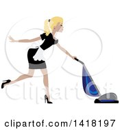 Blond Female Maid With Her Hair In A Pony Tail Vacuuming