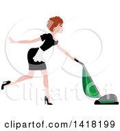 Red Haired Female Maid Vacuuming