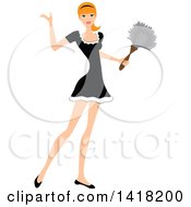 Red Haired Female Maid Presenting And Holding A Feather Duster