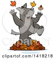 Poster, Art Print Of Happy Wolf Playing In Autumn Leaves