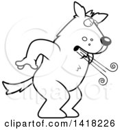 Cartoon Clipart Of A Black And White Lineart Big Bad Wolf Huffing And Puffing Royalty Free Vector Illustration