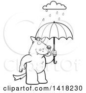 Cartoon Clipart Of A Black And White Lineart Wolf Holding An Umbrella In The Rain Royalty Free Vector Illustration by Cory Thoman