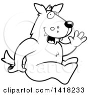 Cartoon Clipart Of A Black And White Lineart Happy Wolf Sitting And Waving Royalty Free Vector Illustration