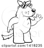 Poster, Art Print Of Black And White Lineart Friendly Wolf Wearing Sunglasses And Waving