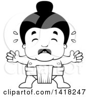 Cartoon Clipart Of A Black And White Lineart Little Sumo Wrestler Crying Royalty Free Vector Illustration by Cory Thoman