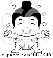 Cartoon Clipart Of A Black And White Lineart Little Sumo Wrestler With Open Arms Royalty Free Vector Illustration by Cory Thoman