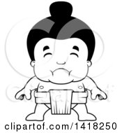 Cartoon Clipart Of A Black And White Lineart Sad Little Sumo Wrestler Royalty Free Vector Illustration by Cory Thoman