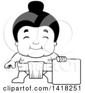 Poster, Art Print Of Black And White Lineart Little Sumo Wrestler Standing With A Blank Sign