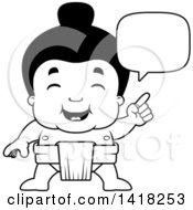 Cartoon Clipart Of A Black And White Lineart Little Sumo Wrestler Talking Royalty Free Vector Illustration by Cory Thoman