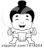 Poster, Art Print Of Black And White Lineart Little Sumo Wrestler Giving Two Thumbs Up