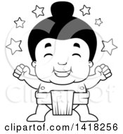 Poster, Art Print Of Black And White Lineart Little Sumo Wrestler Winner With Stars