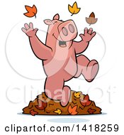 Poster, Art Print Of Happy Pig Playing In Autumn Leaves
