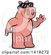 Cartoon Clipart Of A Friendly Pig Wearing Sunglasses And Waving Royalty Free Vector Illustration