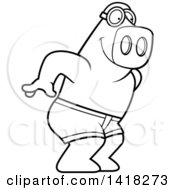 Cartoon Clipart Of A Black And White Lineart Swimmer Pig Diving Royalty Free Vector Illustration