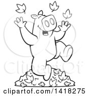 Poster, Art Print Of Black And White Lineart Happy Pig Playing In Autumn Leaves