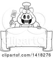 Poster, Art Print Of Black And White Lineart Chef Pig Holding A Spatula Over A Banner