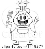 Poster, Art Print Of Black And White Lineart Drunk Chef Pig Holding A Spatula